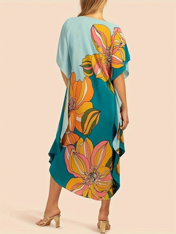 Color Block Crew Neck Dress, Casual Short Sleeve Loose Asymmetrical Dress For Spring & Summer, Women's Clothing