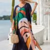 Plus Size Vacay Dress, Women's Plus Leaf Print Bat Sleeve V Neck Split Hem Cover Up Maxi Dress