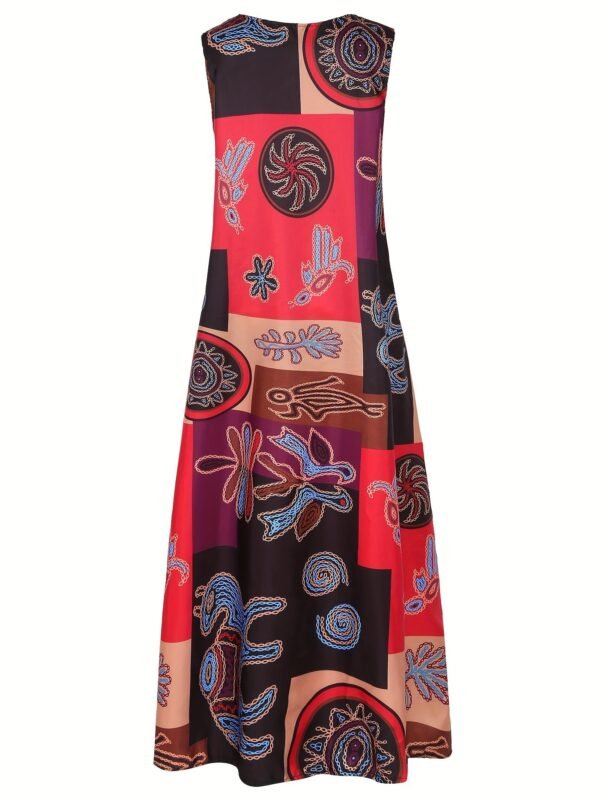 Ethnic Print V Neck Dress, Vintage Sleeveless Summer Maxi Dress With Pockets, Women's Clothing