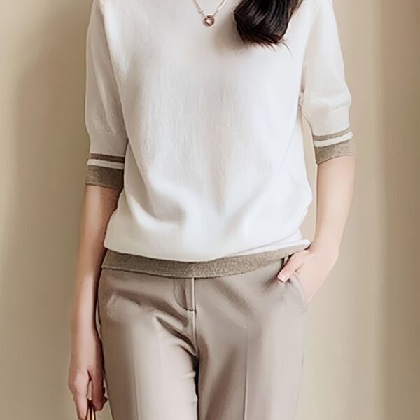 Contrast Trim Mock Neck Sweater, Casual Half Sleeve Pullover Sweater For Spring & Summer, Women's Clothing