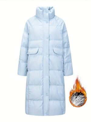 Solid Color Long Puffer Jacket, Stand Collar Warm Jacket For Winter Outdoor Sports, Women's Clothing