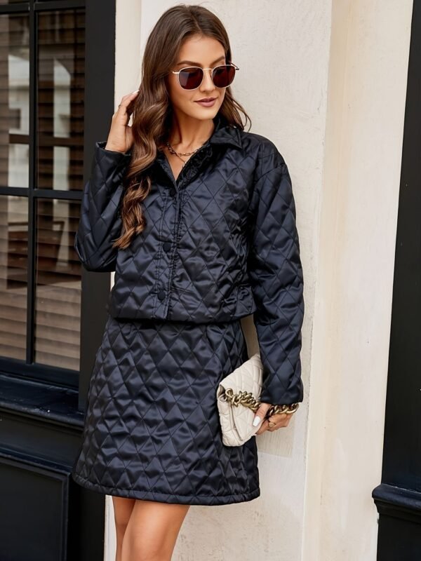 Solid Color Two-piece Set, Button Front Long Sleeve Jacket & Dress Outfits, Women's Clothing