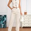 Solid Color Elegant Pants Set, Button Front V N Neck Vest & Pocket Pants Outfits, Women's Clothing