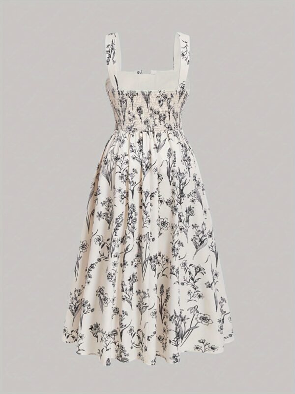 Plus Size Floral Print Cinched Waist Tank Dress, Boho Shirred Back Sleeveless Square Neck Swing Dress For Spring & Summer, Women's Plus Size Clothing