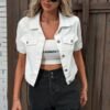 Plain White Short Sleeve Denim Coat, Lapel Single-breasted Flap Pocket Denim Jacket, Women's Denim Jeans & Clothing