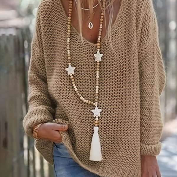 Solid V Neck Knitted Pullover Sweater, Casual Long Sleeve Sweater For Spring & Fall, Women's Clothing