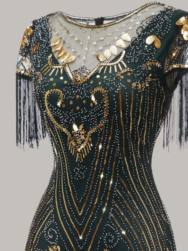 Tassel Sequined V Neck Dress, Elegant Crew Neck Short Sleeve Dress For Party & Banquet, Women's Clothing