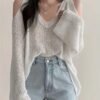Solid Color V Neck Pullover Sweater, Y2K Long Sleeve Cut Out Knitted Sweater For Spring & Summer, Women's Clothing