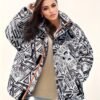 Geo Print Zip Up Parka, Casual High Neck Long Sleeve Winter Warm Outerwear, Women's Clothing