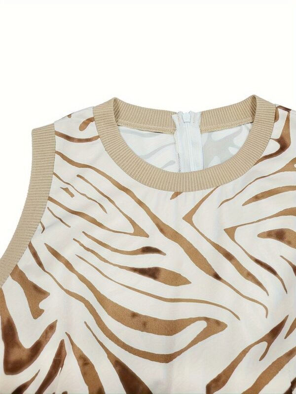 Zebra Print Contrast Trim Dress, Casual Crew Neck Sleeveless Split Dress For Spring & Summer, Women's Clothing