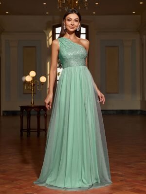 a251b816-5a10-472e-b433-6ba54c732801-1.jpg Sequin One Shoulder Contrast Mesh Dress, Elegant Sleeveless Floor Length Formal Dress For Party & Banquet, Women's Clothing For Party Dressing