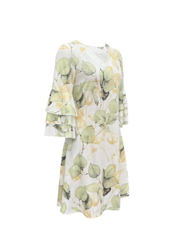 Leaf Print V Neck Dress, Casual Layered Flare Sleeve Dress For Spring & Summer, Women's Clothing