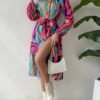 Abstract Print Crew Neck Dress, Elegant Long Sleeve Belted Dress For Spring & Fall, Women's Clothing