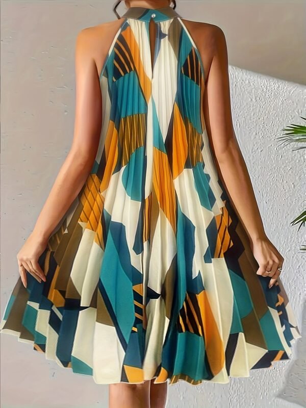 Geo Print Keyhole Back Pleated Dress, Elegant Sleeveless Colorblock Dress, Women's Clothing