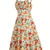 Floral Print Wide Strap Dress, Vacation Style Sleeveless Ruched Bust A-line Dress For Spring & Summer, Women's Clothing