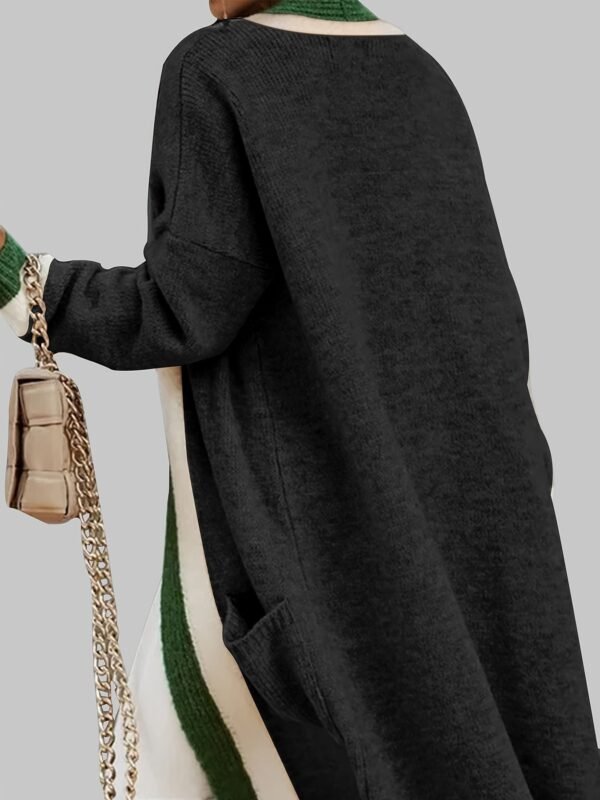 Color Block Open Front Knit Cardigan, Vintage Long Sleeve Long Length Sweater Coat With Pocket, Women's Clothing
