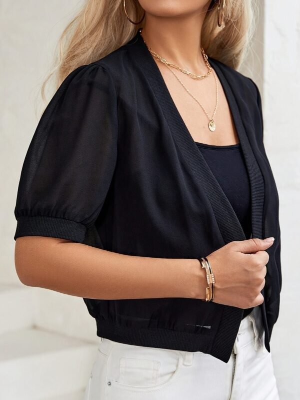 Solid Color Open Front Jacket, Elegant Short Sleeve Jacket For Spring & Fall, Women's Clothing