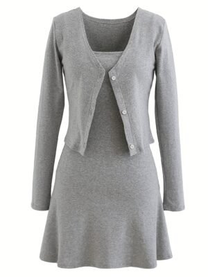 Elegant Solid Two-piece Set, Single Button Outwear & Slim Simple Dress Outfits, Women's Clothing