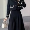 Elegant Button Front Contrast Trim Skirt Set, Long Sleeve Jacket & Pleated Midi Skirt Outfits, Women's Clothing