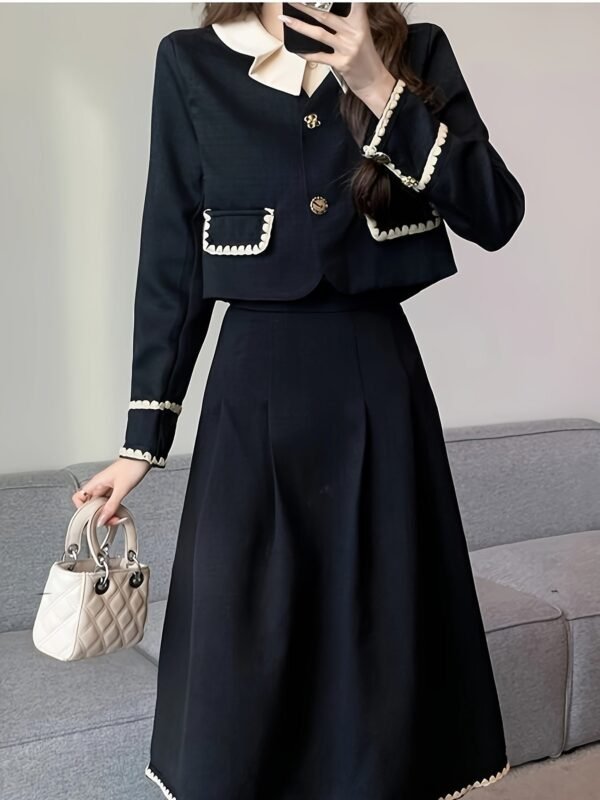 Elegant Button Front Contrast Trim Skirt Set, Long Sleeve Jacket & Pleated Midi Skirt Outfits, Women's Clothing
