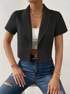 Solid Color Button Crop Jacket, Chic Lapel Neck Short Sleeve Jacket For Spring & Summer, Women's Clothing