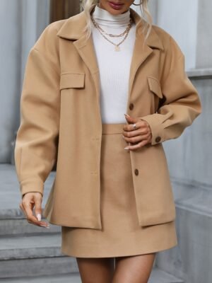 ad62d25d5e967e9c6ef3851c78fa3198-1.jpg Solid Elegant Two-piece Set, Button Front Long Sleeve Jacket & High Waist Mini Skirts Outfits, Women's Clothing