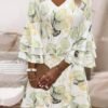 Leaf Print V Neck Dress, Casual Layered Flare Sleeve Dress For Spring & Summer, Women's Clothing
