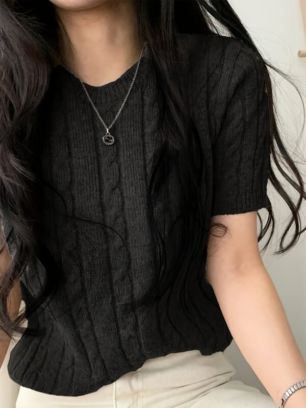 Cable Knit Pullover Sweater, Casual Short Sleeve Knitted Sweater For Spring & Summer, Women's Clothing