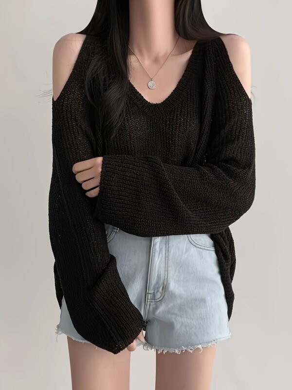 Solid Color V Neck Pullover Sweater, Y2K Long Sleeve Cut Out Knitted Sweater For Spring & Summer, Women's Clothing