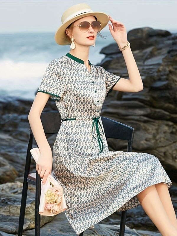 Allover Print Drawstring Waist Dress, Elegant Short Sleeve Contrast Trim Button Front Dress For Spring & Summer, Women's Clothing