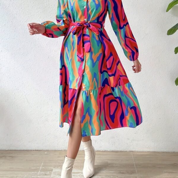 Abstract Print Crew Neck Dress, Elegant Long Sleeve Belted Dress For Spring & Fall, Women's Clothing