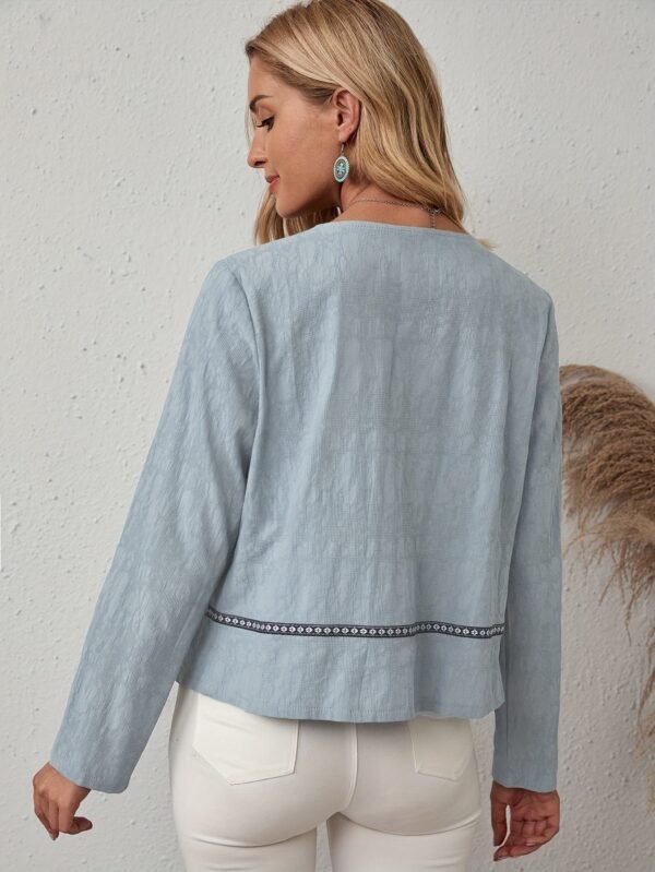 Contrast Trim Open Front Jacket, Casual Long Sleeve Crew Neck Cotton Jacket, Women's Clothing