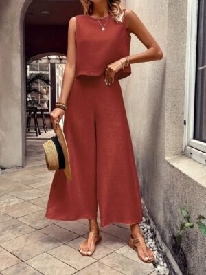 Elegant Solid Color Pantsuits Set, Crew Neck Tank Top & Wide Leg Pants Outfits, Women's Clothing