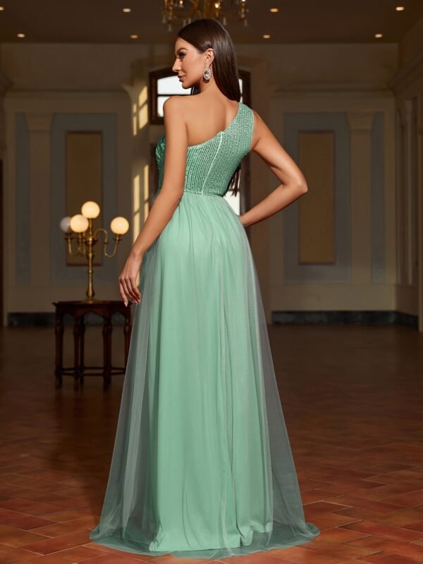 Sequin One Shoulder Contrast Mesh Dress, Elegant Sleeveless Floor Length Formal Dress For Party & Banquet, Women's Clothing For Party Dressing