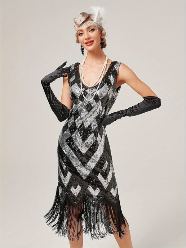 Sequined Tassel Hem Dress, Vintage Plunging Neck Sleeveless Backless Sheath Dress, Women's Clothing