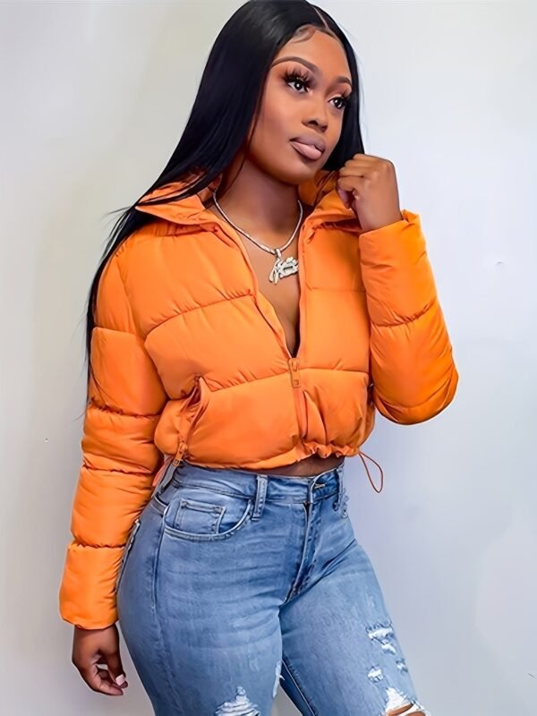 Zipper Warm Puffer Jackets For Winter Hiking Ski, Solid Color Crop Puffer Coat, Women's Clothing for Koningsdag/King's Day