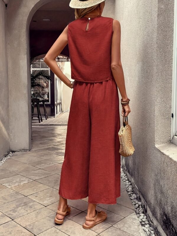 Elegant Solid Color Pantsuits Set, Crew Neck Tank Top & Wide Leg Pants Outfits, Women's Clothing