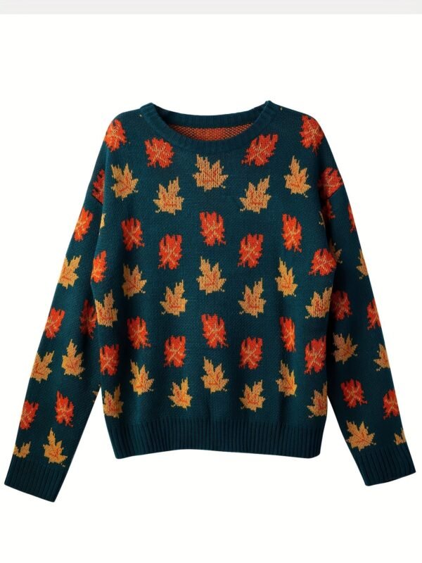 Maple Leaf Pattern Crew Neck Sweater, Casual Long Sleeve Stylish Pullover Sweater, Women's Clothing