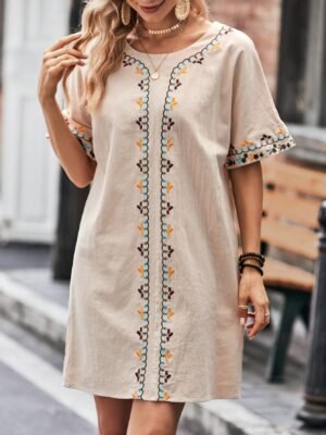 b6ce085f-4a9c-425d-883c-54b2eed97e94-1.jpg Embroidered Trim Crew Neck Dress, Elegant Simple Short Sleeve Dress For Spring & Summer, Women's Clothing
