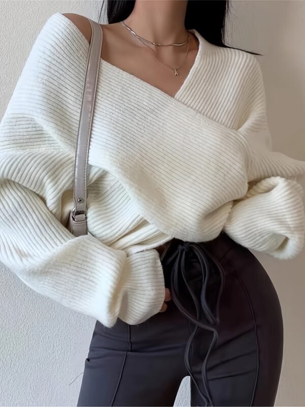 Rib-knit V Neck Loose Sweater, Elegant Long Sleeve Sweater For Fall & Winter, Women's Clothing
