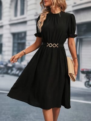 b9116aea-363c-4d3b-a15a-0d0a42ffd3a3-1.jpg Chain Belted Puff Sleeve Dress, Elegant Summer Mock Neck Knee Length Dress For Spring & Summer, Women's Clothing