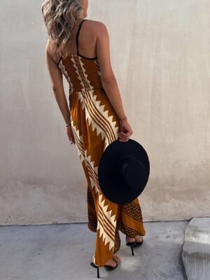 baeb2797-a764-4b33-a704-0e1f7f83c088-1.jpg Ethnic Print Two Tone Cami Dress, Elegant V Neck Sleeveless Ankle Length Cami Dress For Spring & Summer, Women's Clothing