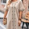 Embroidered Trim Crew Neck Dress, Elegant Simple Short Sleeve Dress For Spring & Summer, Women's Clothing