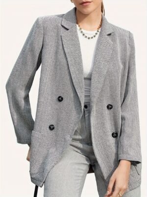 Double Breasted Lapel Pockets Blazer, Elegant Long Sleeve Outwear For Office & Work, Women's Clothing