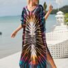 Plus Size Vacay Dress, Women's Plus Leaf Print Bat Sleeve V Neck Split Hem Cover Up Maxi Dress
