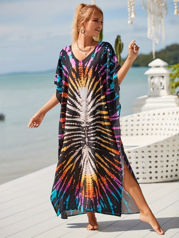 Plus Size Vacay Dress, Women's Plus Leaf Print Bat Sleeve V Neck Split Hem Cover Up Maxi Dress