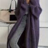 Solid Color Open Front Knitted Cardigan, Casual Long Sleeve Long Length Cardigan For Spring & Fall, Women's Clothing