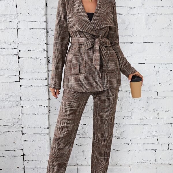 Plaid Pattern Elegant Two-piece Set, Long Sleeve Open Front Tops & Wide Leg Pants Outfits, Women's Clothing