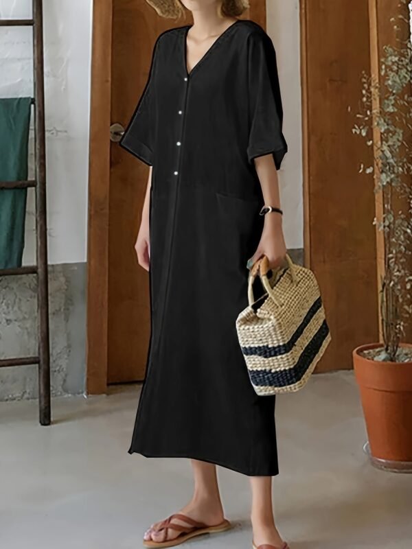 Solid Color Button Coverup Dress, Casual V Neck Half Sleeve Loose Midi Dress With Pocket, Women's Clothing