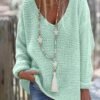 Solid V Neck Knitted Pullover Sweater, Casual Long Sleeve Sweater For Spring & Fall, Women's Clothing